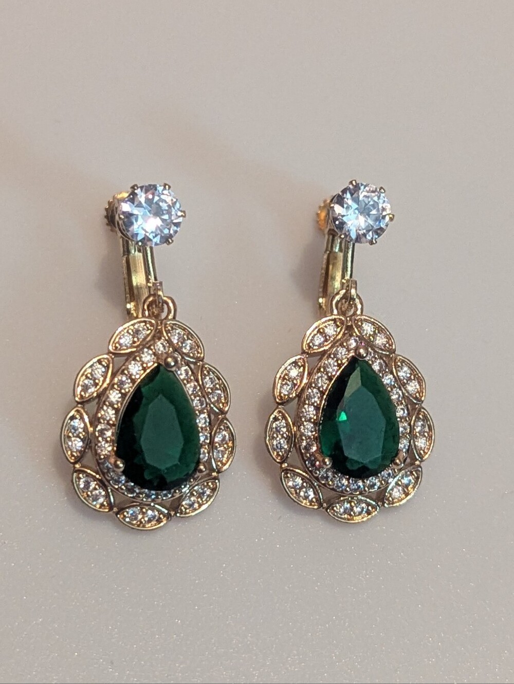 Gold-Plated Emerald Teardrop Earrings with Clear Crystal Accents Screw Back